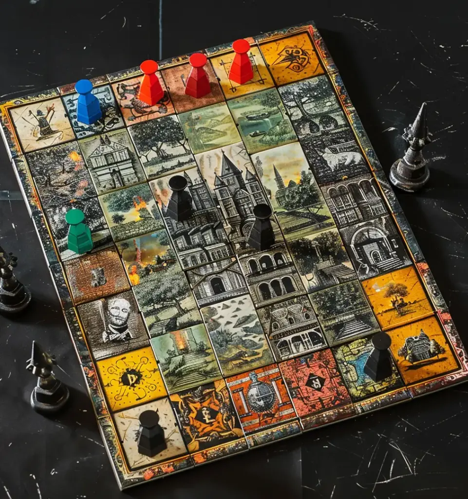 Vintage bordspel met een kasteel en historische illustraties. Gekleurde speelstukken in rood, blauw, groen en zwart worden op het bord geplaatst en geven een gevoel van nostalgie en strategie.