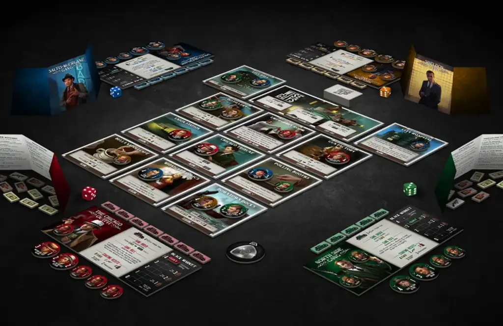 Een strategisch bordspel met personagekaarten, fiches, dobbelstenen en spelersschermen op een donkere ondergrond. De scène straalt intriges en competitie uit.